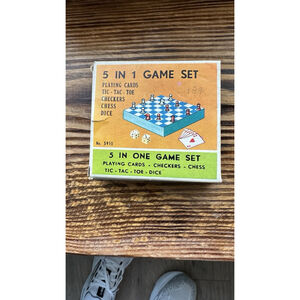 Vintage Travel Pocket 5 in 1 Game Set Chess Dice Checkers Playing Cards Rare